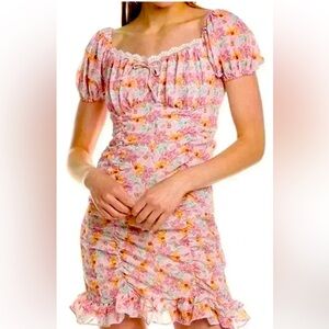 NWT 70F/31C ruched floral dress pink/yellow blue. Size L Puff sleeves/ruffles